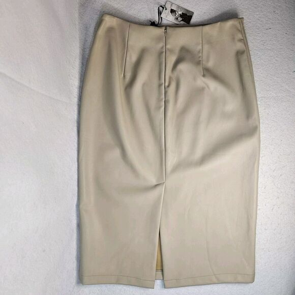 SINCERELY JULES Faux Leather Pencil Skirt Zip Below Knee Beige Sz Large Slit - Picture 3 of 6